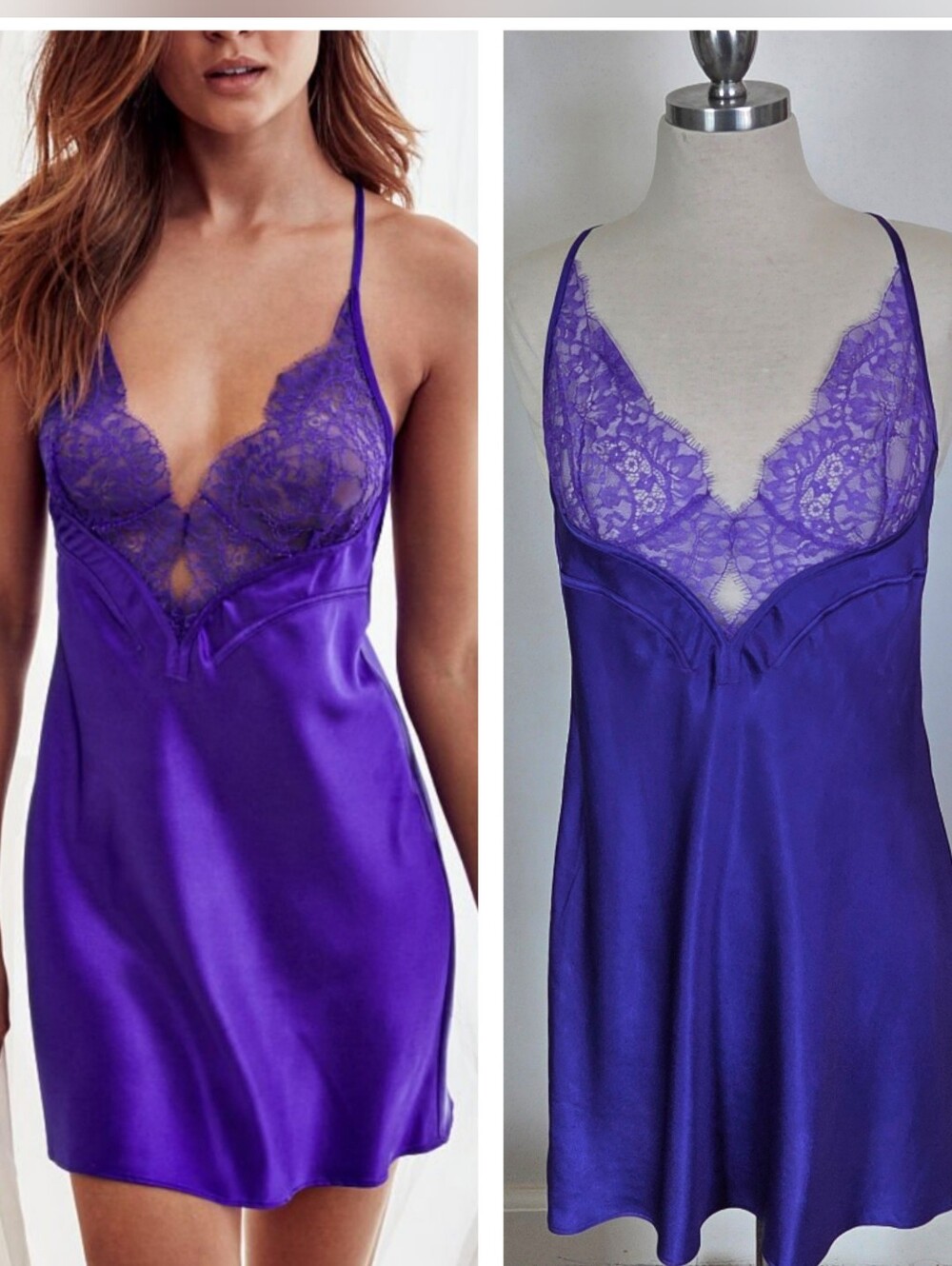Victoria's Secret Purple Lace Satin Mini Slip Dress Cutout Crisscross StrappyVTG